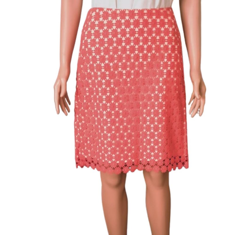 Talbots Daisy Lace Scalloped Skirt 8P Women's Spring Coral Orange Fully Lined